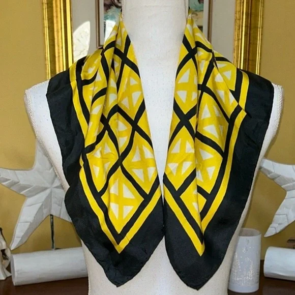 Vtg Givenchy Authentic 100% Silk Bright Yellow & Black Square Print Scarf